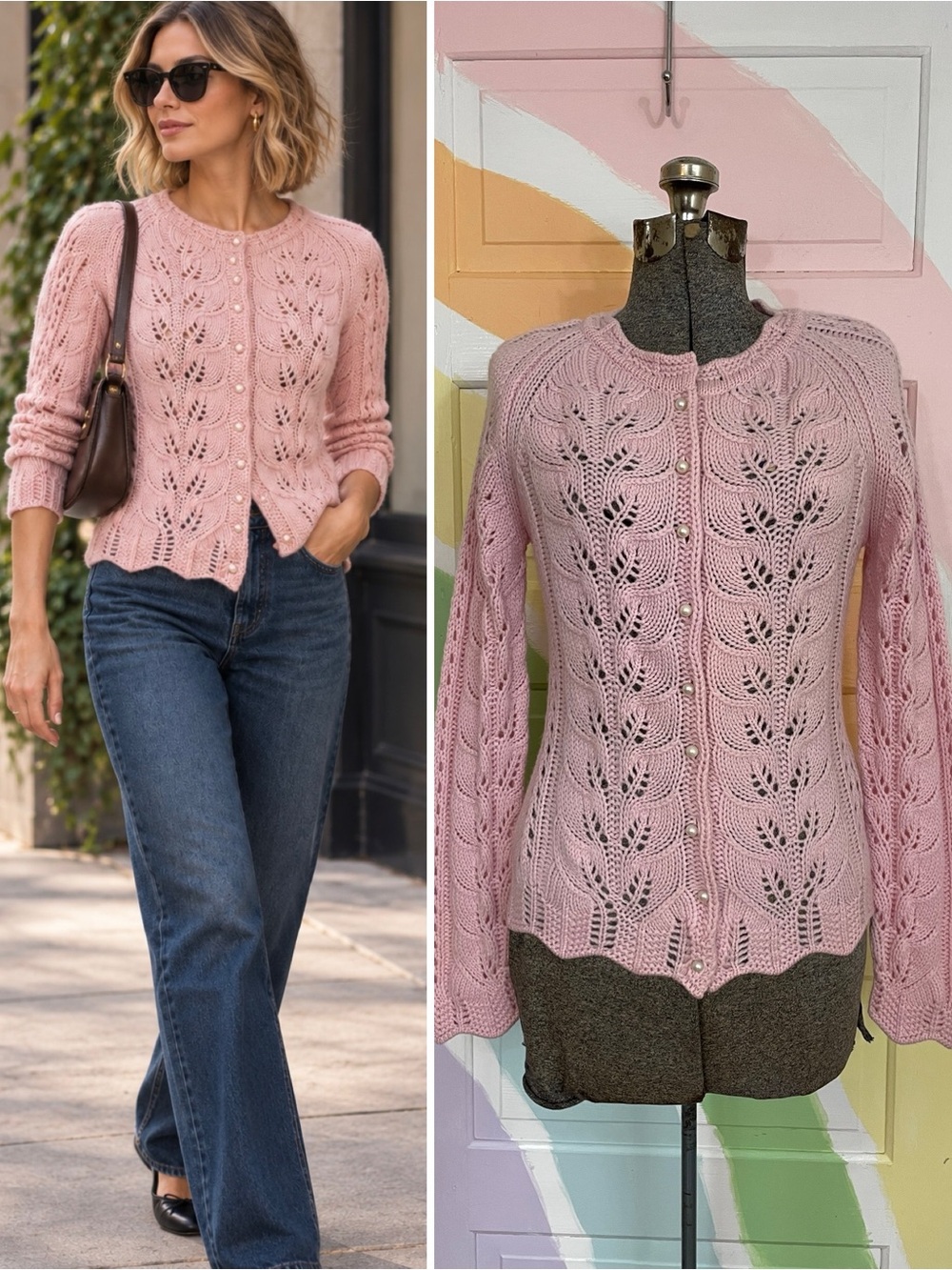 Privé 100% Cashmere Pink Open Knit Pearl Button Cardigan Sweater Sz M 🧡🎀